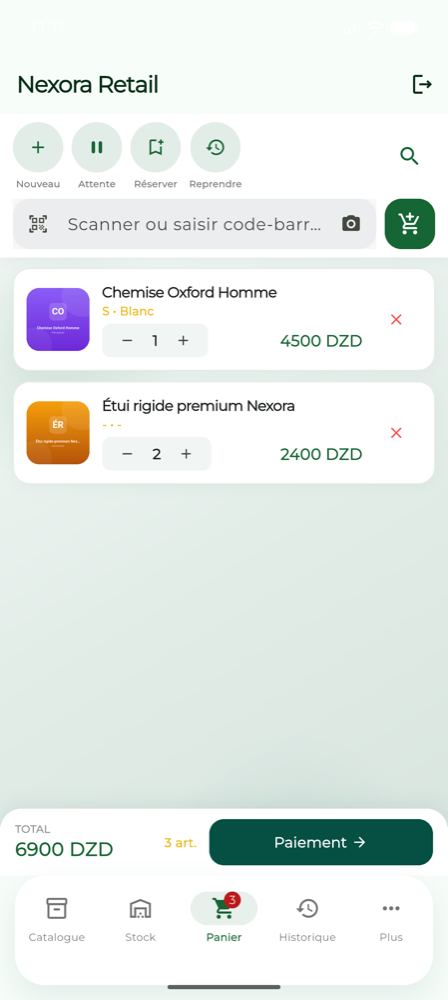 Écran d'encaissement : panier de trois articles, total 6 900 dinars.