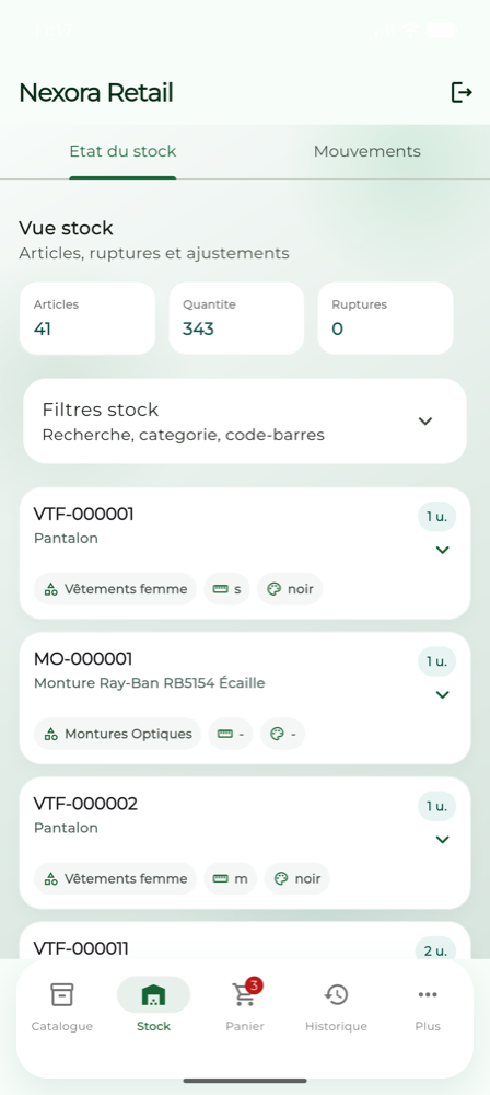 État du stock par article.