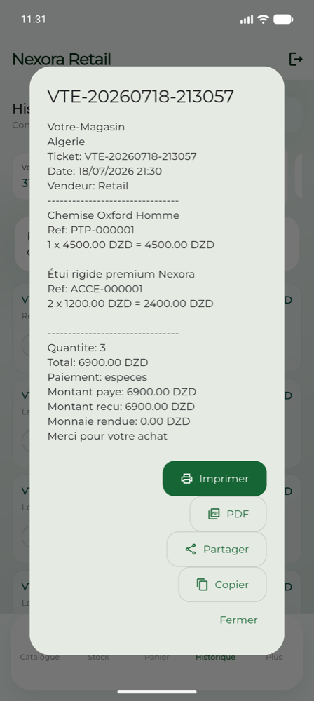Aperçu du ticket de caisse avant impression.