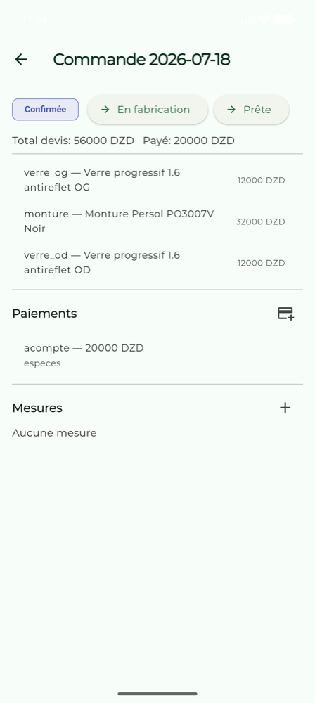 Commande optique : montures, verres et suivi atelier.
