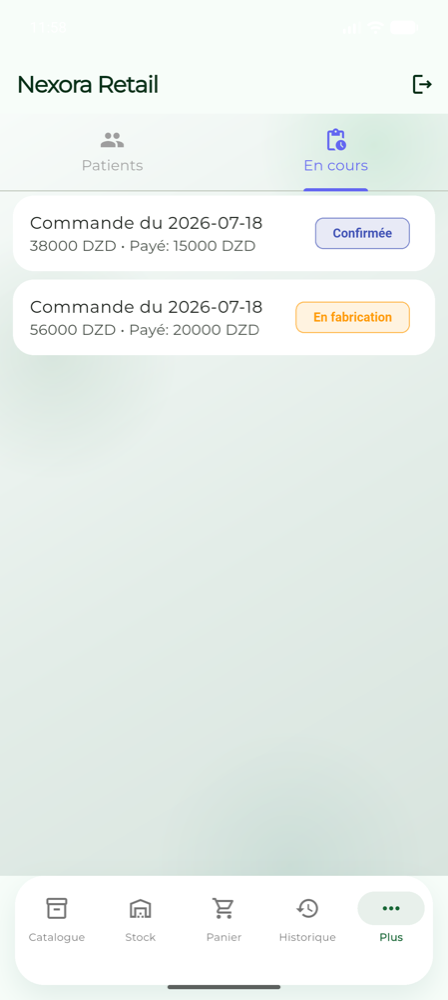 Liste des commandes en cours avec leurs statuts.